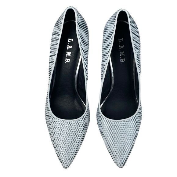 L.A.M.B. Perforated Leather Pointed Toe Stiletto Pumps Shoe Y2K Sz 9 Light Gray - Picture 1 of 13